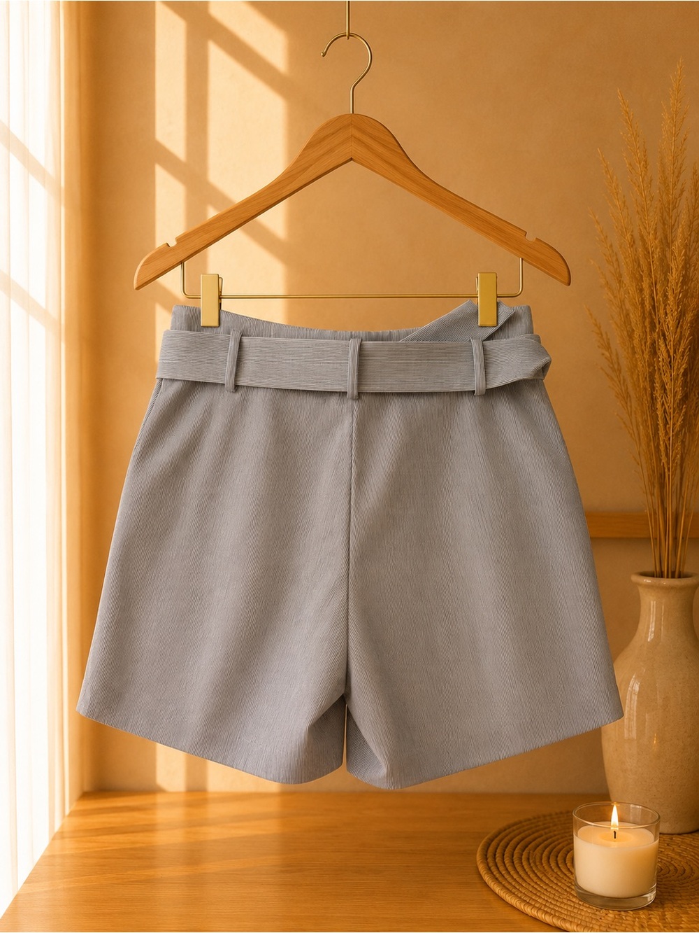 Women's Light Gray Tie-Belt Bermuda Shorts - Picture 3 of 4